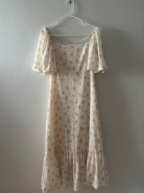 Cream Floral Puff-Sleeve Midi Dress